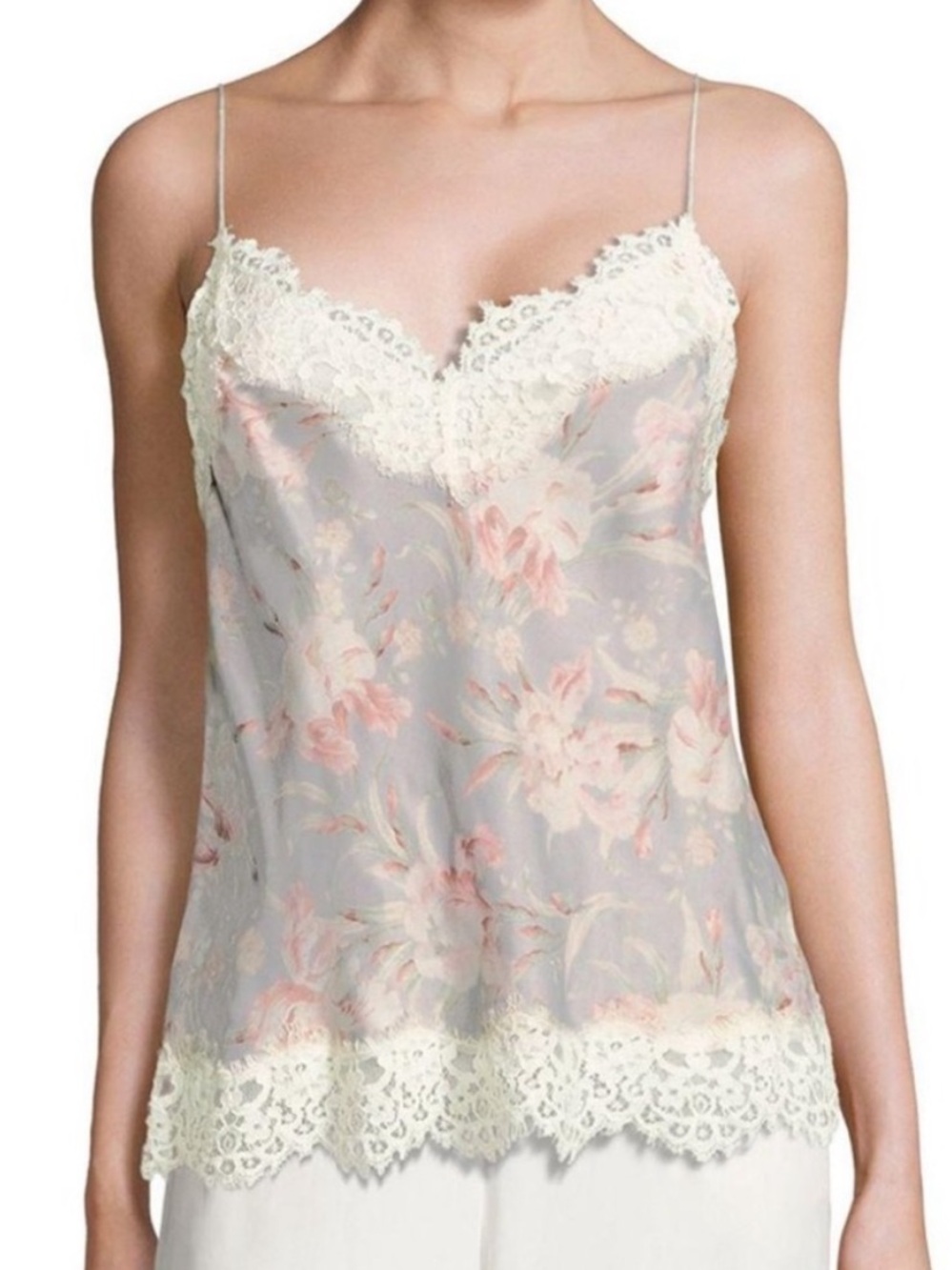 Zimmermann Grey/Pink Floral Lace-Trim Silk Camisole